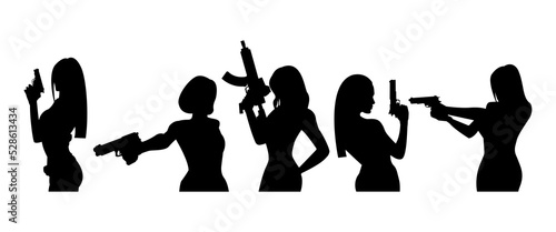 Silhouettes of women with weapons in their hands set. Vector illustration is simple.