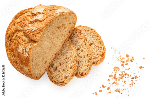 Bread loaf with crumbs isolated on white background. Top view. Flat lay. Bread creative layout.