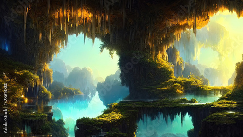 Fantasy landscape, beautiful abstract forest, with large arches of trees and stone and a river, old trees, colorful sunset, unreal world. 3D illustration