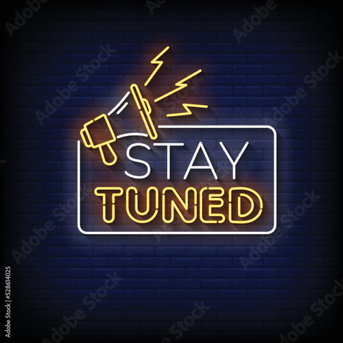 Neon Sign stay tuned with Brick Wall Background vector