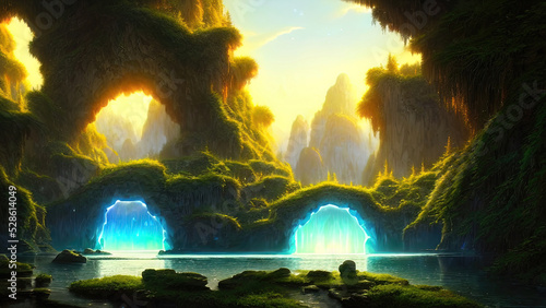 Fantasy landscape, beautiful abstract forest, with large arches of trees and stone and a river, old trees, colorful neon sunset, unreal world. 3D illustration © Terablete