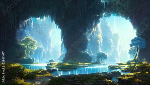 Fantasy landscape, beautiful abstract forest, with large arches of trees and stone and a river, old trees, colorful neon sunset, unreal world. 3D illustration