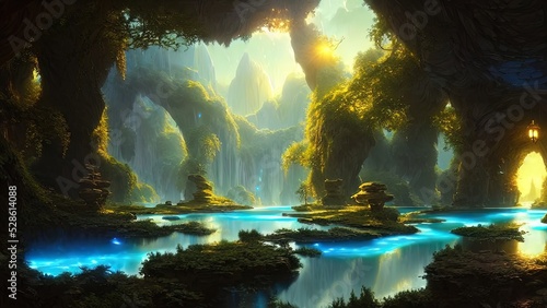 Fantasy landscape, beautiful abstract forest, with large arches of trees and stone and a river, old trees, colorful neon sunset, unreal world. 3D illustration