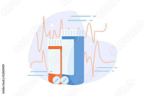 Pills for heart, tablets bottle. Drugstore products, health care, antibiotics dosage. Painkillers, analgetic, sedatives on white background. flat vector modern illustration