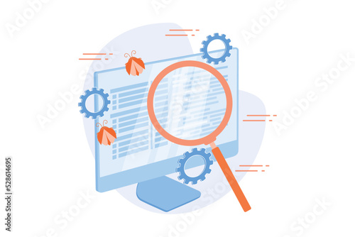 Bug fixing and software testing. Computer virus searching tool. Devops, web optimization, antivirus app. Magnifier, cogwheel and monitor design element. flat vector modern illustration