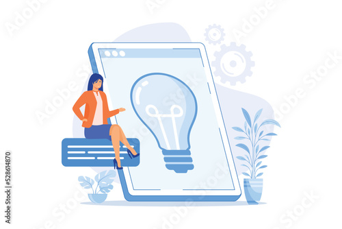 Creative business solution presentation. Profitable startup, idea, company development strategy. Lightbulb on tablet screen. Brainstorming symbol. flat vector modern illustration
