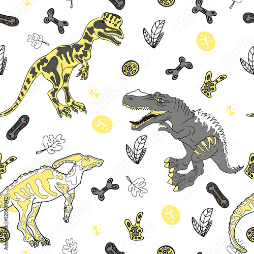 Seamless illustration of dinosaurs with bones on a coloured background. Rex pattern for printing on textiles  print  blank for designer
