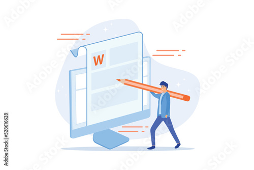 Creative content writing. Copywriting, blogging, Internet marketing. Article text editing and publishing. Online documents. Writer, editor character. flat vector modern illustration