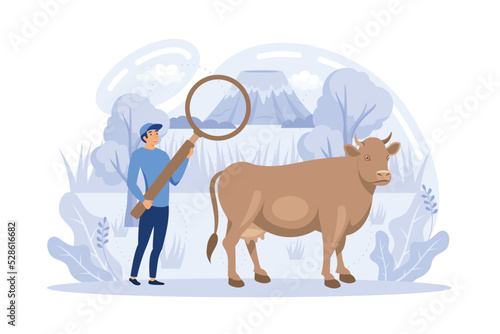 Ecological farming. Natural farming, free run chicken and eggs, grass fed beef, sustainable agriculture, food labeling, flat vector modern illustration