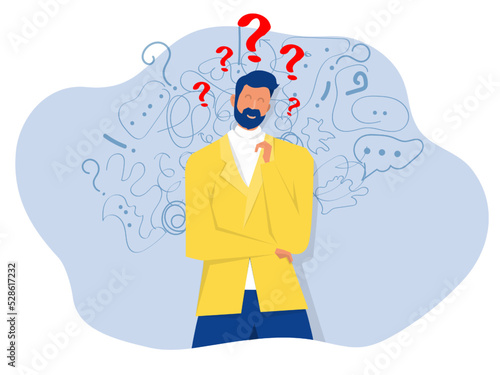 Man suffers from obsessive thoughts; headache; unresolved issues; psychological trauma; depression.Mental stress panic mind disorder illustration Flat vector illustration.