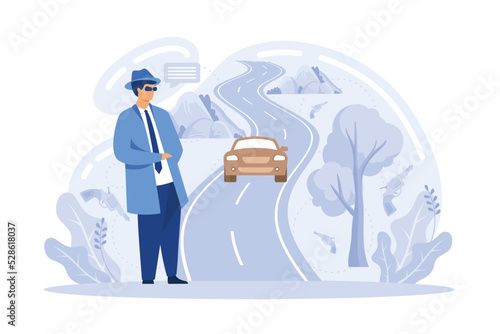 Road safety. Traffic crime and fraud, road works, fellow traveller, hitchhiking, criminal traffic, construction and repair, speed limit sign abstract metaphor.flat vector modern illustration