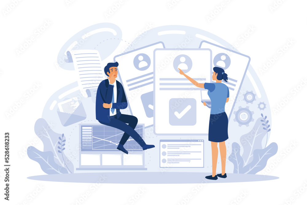 HR manager with employee at interview and business flow chart. Employee assessment software, HR company system, employee check programme concept. flat vector modern illustration