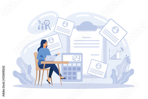 HR manager with employee at interview and business flow chart. Employee assessment software, HR company system, employee check programme concept. flat vector modern illustration