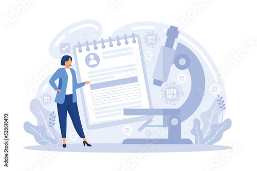 Human papillomavirus prevention, immunity development, antivirus creation. HPV test, HPV vaccination, HPV education programs metaphors. flat vector modern illustration