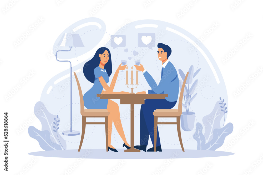 Happy couple in love on romantic date sitting at table and drinking wine, tiny people. Romantic date, romantic relationship, love story concept. flat vector modern illustration