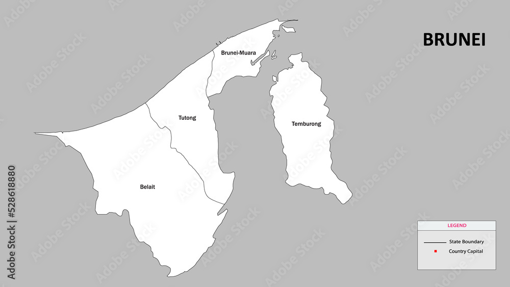 Brunei Map. State and district map of Brunei. Administrative map of Brunei with district and capital in white color.