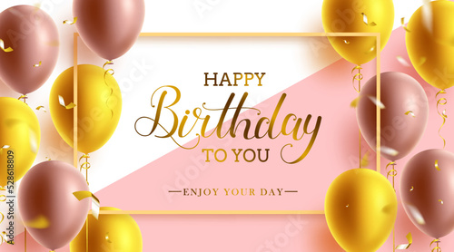 Birthday greeting vector template design. Happy birthday to you text in gold frame with floating balloon colors and confetti elements for birth day celebration. Vector illustration.
