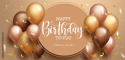 Birthday greeting vector template design. Happy birthday text in elegant circle space with gold balloon bunch and confetti element for golden birth day celebration. Vector illustration.
