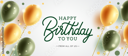 Birthday vector background design. Happy birthday text with gold and green flying balloons party element for birth day celebration messages. Vector illustration.

