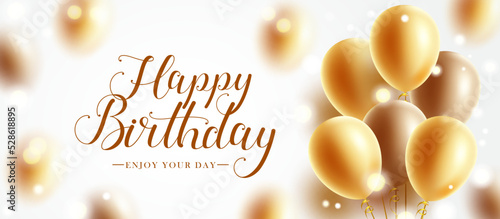 Birthday greeting vector design. Happy birthday text in elegant gold space with golden floating balloon bunch for birth day party occasion messages. Vector illustration.

