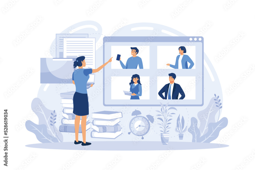 Distance working. Distance office, working from home, remote job possibility, communication technology, online team meeting, digital nomad abstract metaphor.flat vector modern illustration