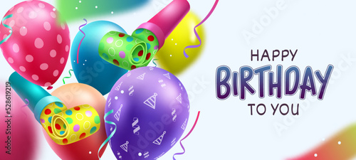 Birthday celebration vector design. Happy birthday greeting text with balloons, party whistle and confetti elements for colorful kids birth day. Vector illustration.
