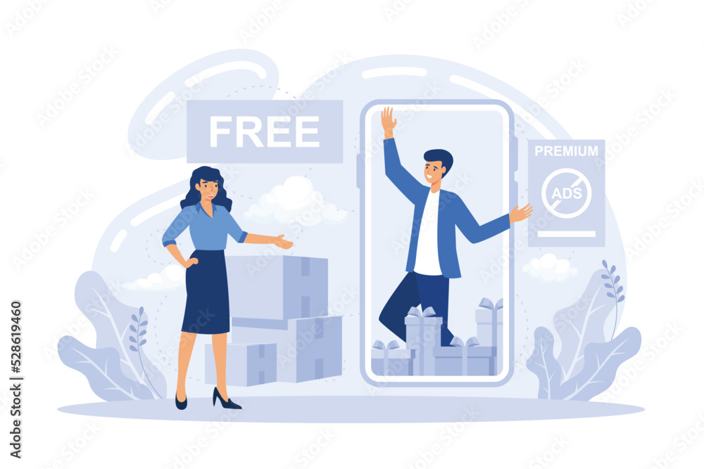 Freemium. Free product trial period. Software version. Pricing strategy. Subscription service. Business model. Partial access. flat vector modern illustration Freemium. Free product trial period. Software version. Pricing strategy. Subscription service. Business model. Partial access. flat vector modern illustration