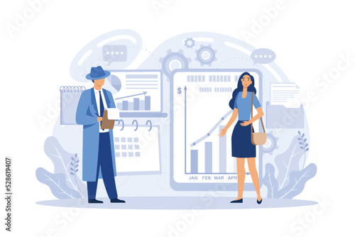 Dashboard consolidating metrics on computer screen. Business intelligence dashboard, business analytics tool, business intelligence metrics concept. flat vector modern illustration