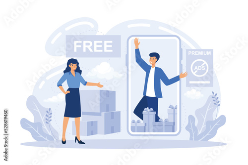 Freemium. Free product trial period. Software version. Pricing strategy. Subscription service. Business model. Partial access. flat vector modern illustration
