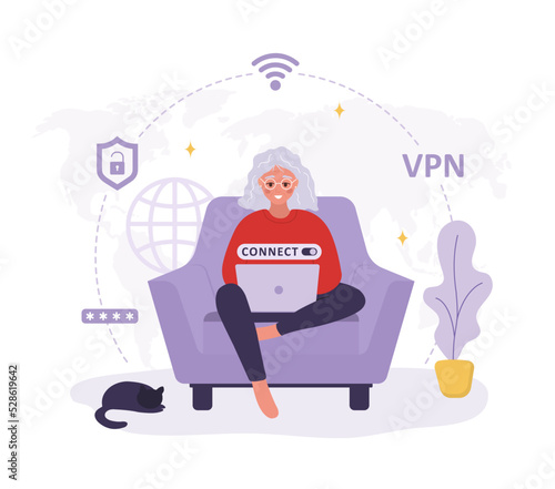 VPN service. Elderly woman using virtual private network. Personal information and data safety. Password security. Protection IP addresses and cyberspace. Vector illustration in flat cartoon style.