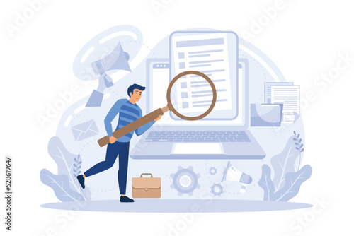 Businessmen with magnifier looking at business process flow chart. Business rules and regulation, main company policy, IT business analysis concept. flat vector modern illustration