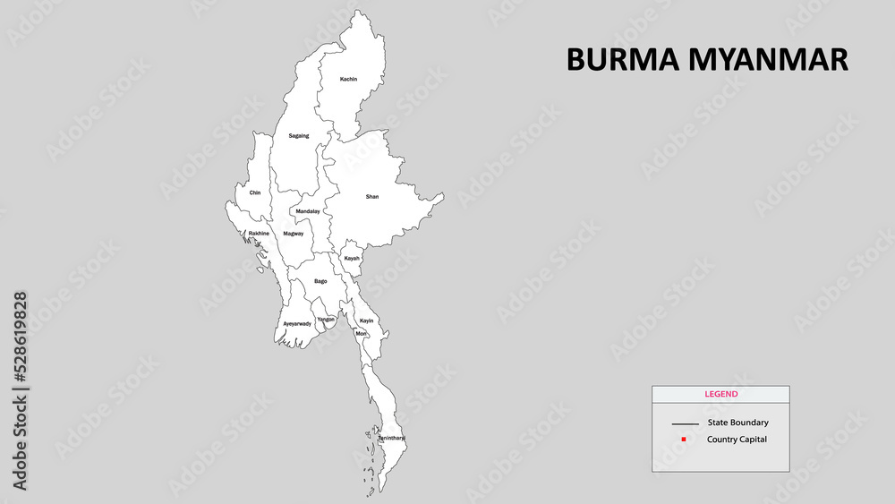 Burma Myanmar Map. State and district map of Burma Myanmar. Administrative map of Burma Myanmar with district and capital in white color.