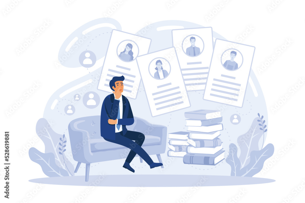 Select candidates. Recruiter holding a lot resumes in hands, candidate selection, create short list, HR department, headhunter job vector cartoon.flat vector modern illustration Select candidates. Recruiter holding a lot resumes in hands, candidate selection, create short list, HR department, headhunter job vector cartoon.flat vector modern illustration