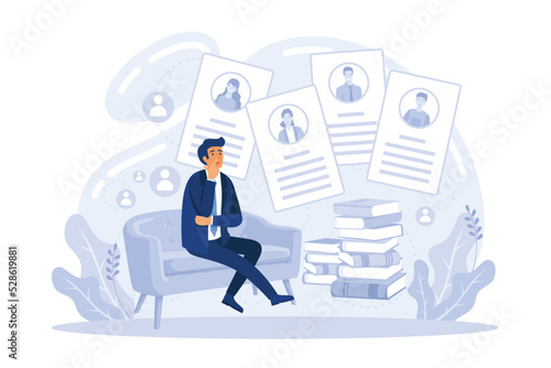 Select candidates. Recruiter holding a lot resumes in hands, candidate selection, create short list, HR department, headhunter job vector cartoon.flat vector modern illustration