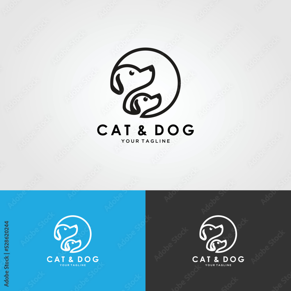  Logo dog cat design vector template Linear style. Animals Veterinary clinic Logotype concept outline icon.