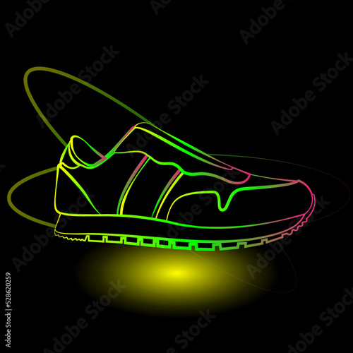 Trainers neon sign. Stylish footwear design for sports workout. Glowing neon sneaker icon. Stock vector illustration.