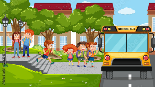 Outdoor scene with school bus and student