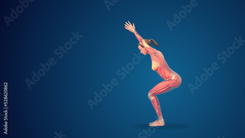 3D human utkatasana chair yoga pose on blue background photo