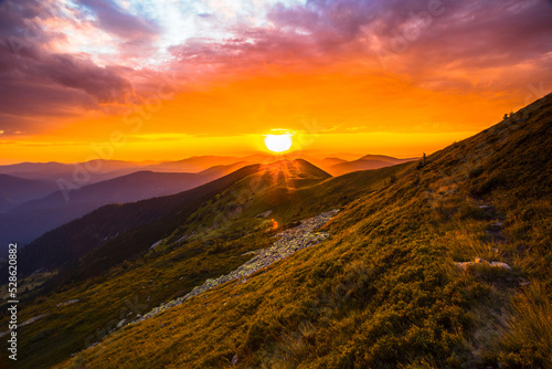 morning nature scenery, awesome sunset landscape, beautiful morning background in the mountains, Carpathian mountains, Ukraine, Europe	 photo