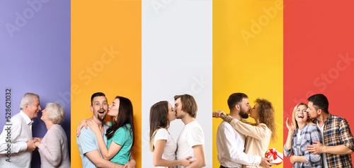 Set of kissing people on co...