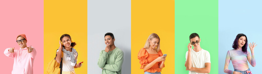 Set of teenagers on colorful background