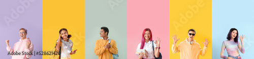 Set of many teenagers on colorful background