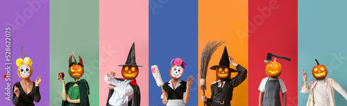 Set of people with scary Halloween pumpkins instead of their heads on color background