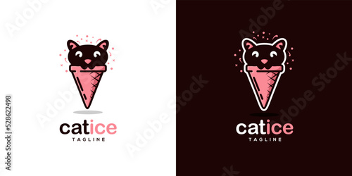 Cat combination with ice cream cone cute logo design
