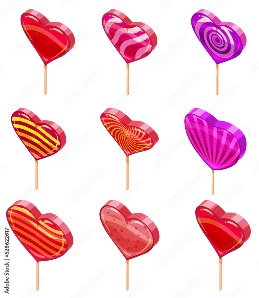 Set of Candy Sugar Heart Lollypops Isometric. Sweet food icon cartoon style