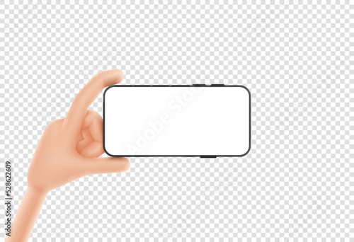 3d cartoon hand holds smartphone. Template of smart phone with blank display in cartoon hand isolated on checkered background. Vector illustration mobile device concept.
