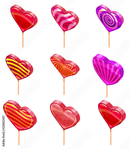 Set of Candy Sugar Heart Lollypops Isometric. Sweet food icon cartoon style