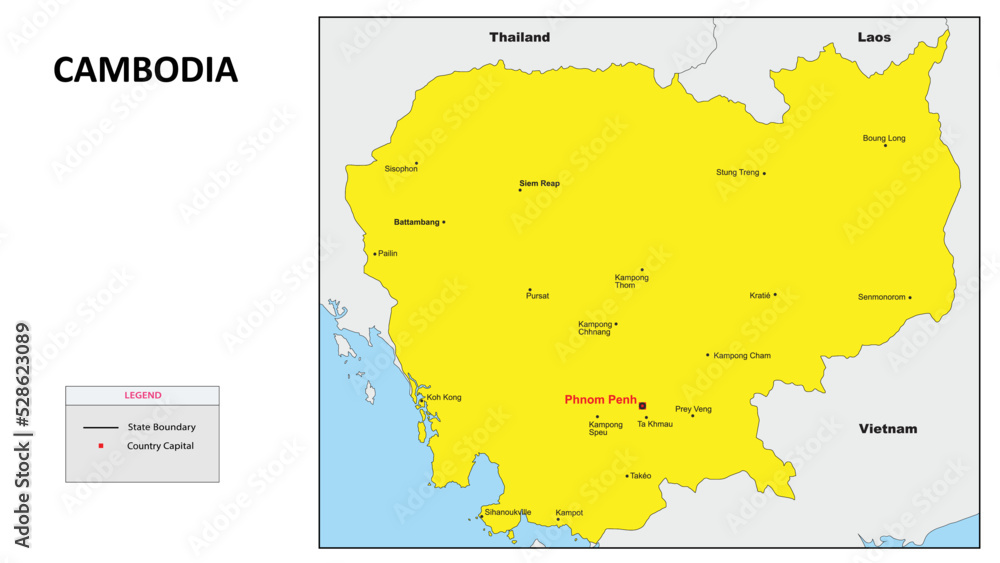 Obraz premium Cambodia Map. Major city map of Cambodia. Political map of Cambodia with country capital.