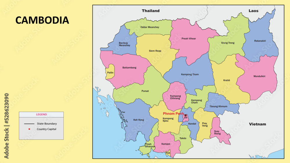 Cambodia Map. State and district map of Cambodia. Political map of Cambodia with country capital.