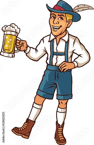 Man Dancing and Carrying Glass of Beer Wearing Traditional German Costume Celebrating Oktoberfest